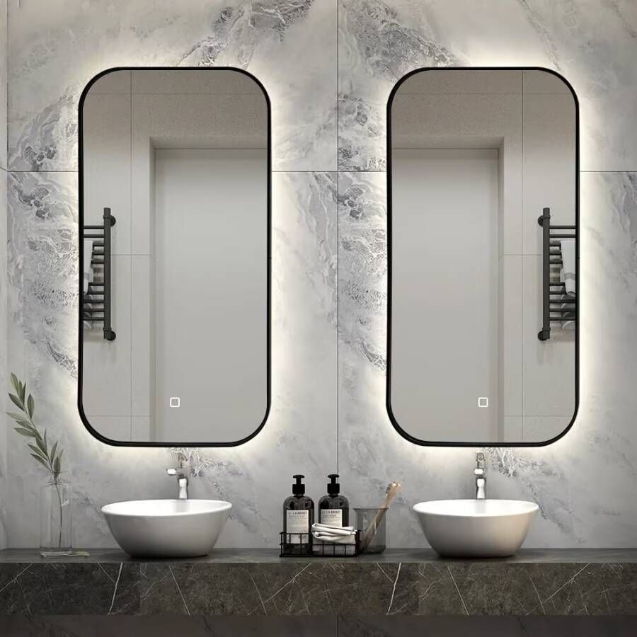 SaniClear Badkamerspiegel Denver | 50x100 cm | Set van 2 | Indirecte verlichting | Touch button | Met spiegelverwarming