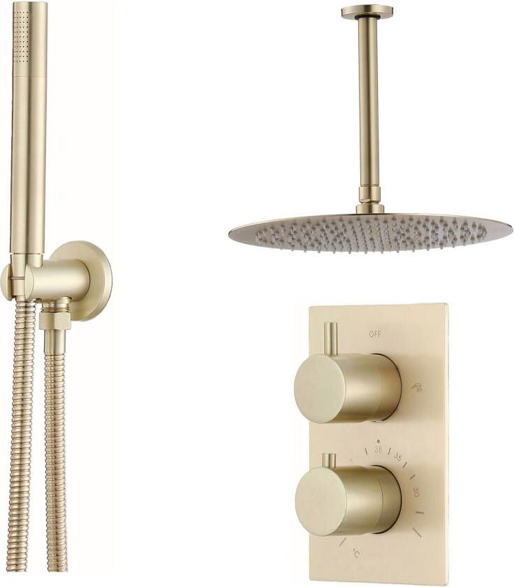 SaniClear Regendouche set Brass | Inbouw | Thermostaatkraan | 2-weg | Rond | Messing mat