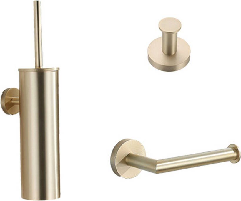 SaniClear Brass toilet accessoire set incl toiletborstel rolhouder en haak geborsteld messing mat goud