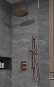 SaniClear Copper inbouw regendouche met 20cm hoofddouche plafondarm en glijstang geborsteld koper