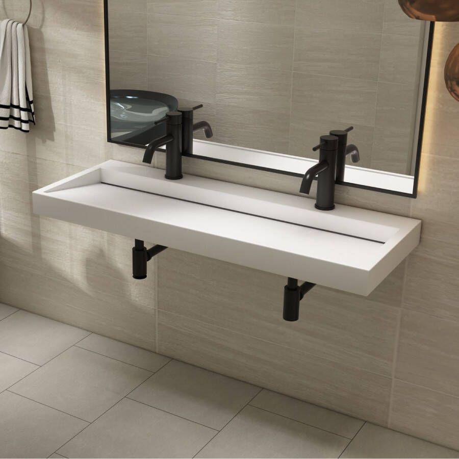 SaniClear Hoya wastafel met 2 kraangaten 120x45.5x11 cm solid surface wit mat