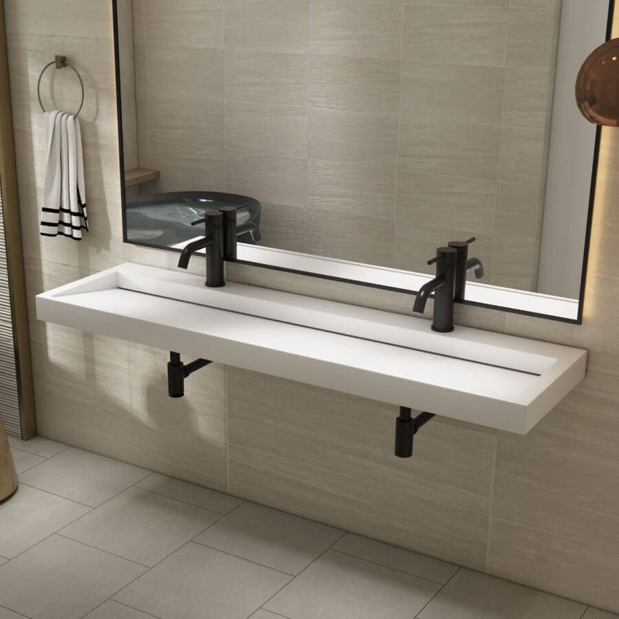 SaniClear Hoya wastafel met 2 kraangaten 140x45.5x8 cm solid surface wit mat