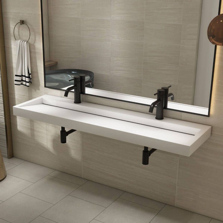 SaniClear Hoya wastafel met 2 kraangaten 160x45.5x11 cm solid surface wit mat