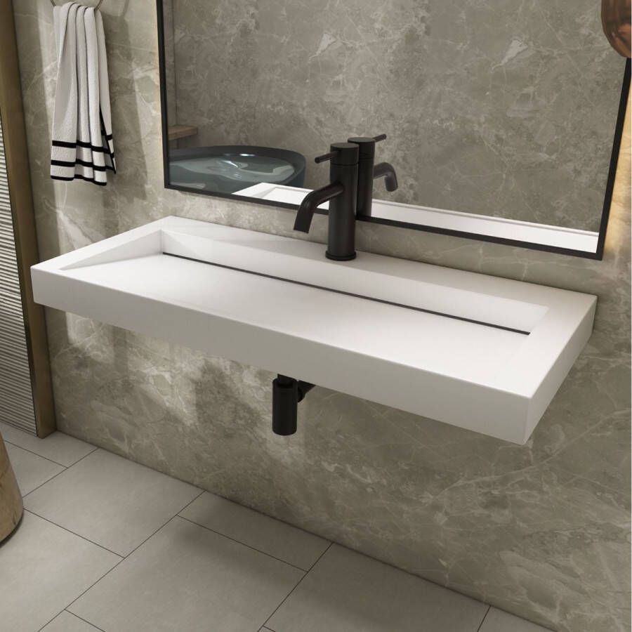 SaniClear Hoya wastafel met kraangat 100x45.5x8 cm solid surface wit mat