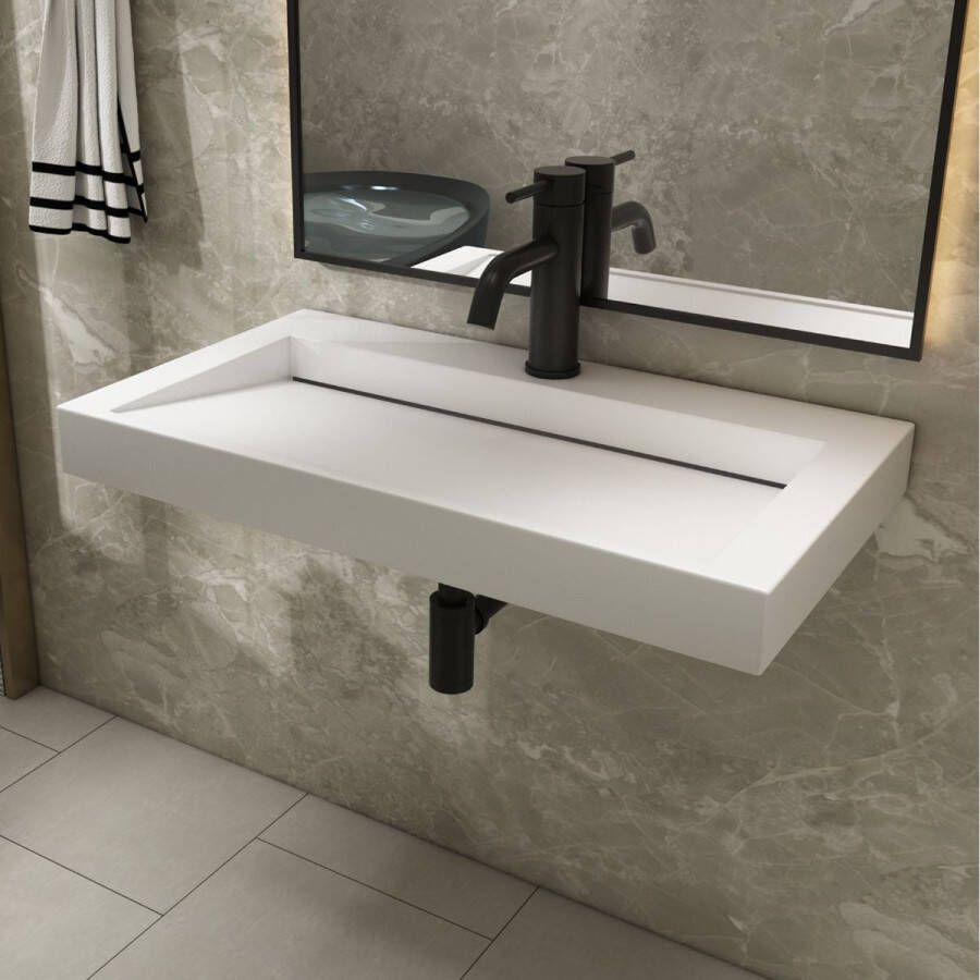 SaniClear Hoya wastafel met kraangat 80x45.5x8 cm solid surface wit mat