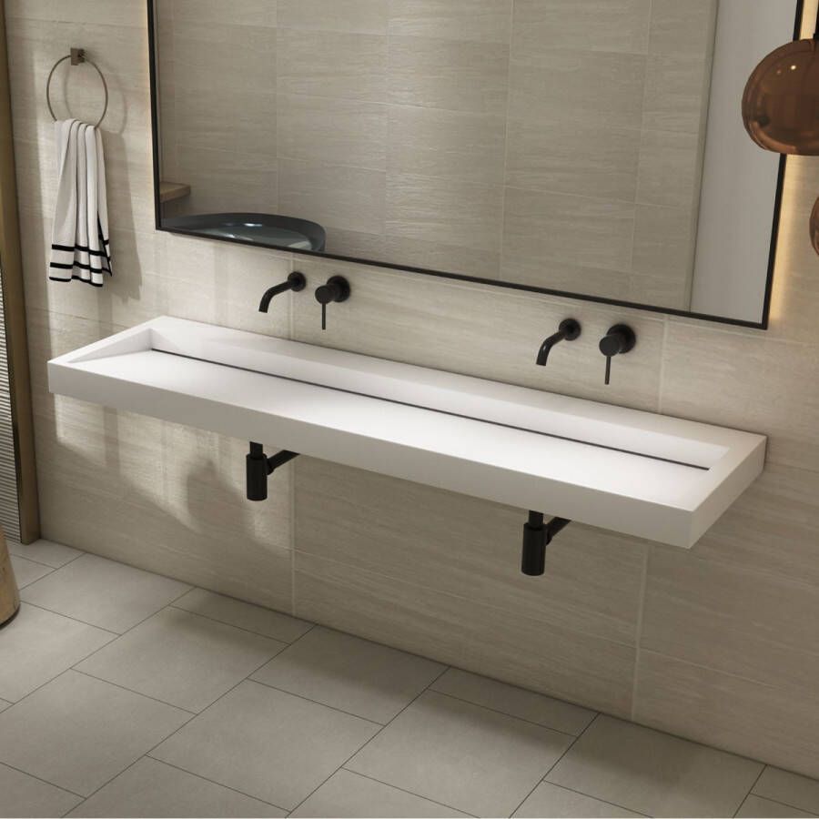 SaniClear Hoya wastafel zonder kraangat 140x45.5x8 cm solid surface wit mat