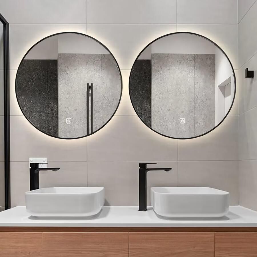 SaniClear Badkamerspiegel Circle Black | 70x70 cm | Set van 2 | Indirecte verlichting | Touch button | Met spiegelverwarming | Mat zwart