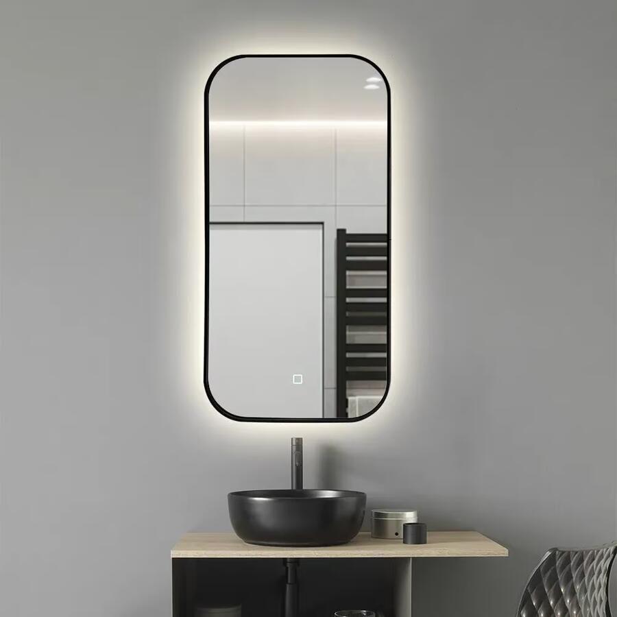 SaniClear Badkamerspiegel Denver | 50x100 cm | Indirecte verlichting | Touch button | Met spiegelverwarming | Zwart frame