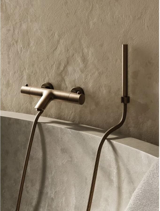 SaniClear Badkraan Antique | Opbouw | Thermostaatkraan | Incl.Handdoucheset | 2-weg | 2-knops | Rond | Verouderd messing - Foto 3