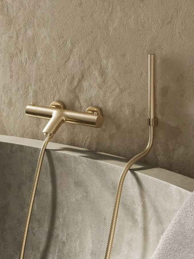 SaniClear Badkraan Brass | Opbouw | Thermostaatkraan | Incl.Handdoucheset | 2-weg | 2-knops | Rond | Geborsteld messing mat goud - Foto 2