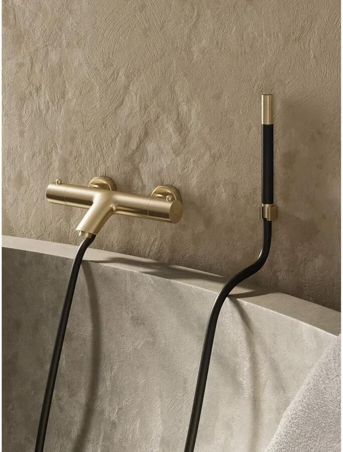 SaniClear Badkraan Brass Pro | Opbouw | Thermostaatkraan | Incl.Handdoucheset | 2-weg | 2-knops | Rond | Geborsteld messing mat goud - Foto 2