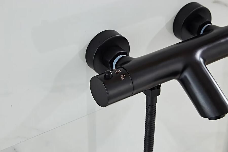 SaniClear Badkraan Nero | Opbouw | Thermostaatkraan | Incl.Handdoucheset | 2-weg | 2-knops | Rond | Mat zwart - Foto 2