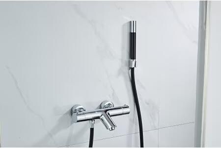 SaniClear Badkraan Talpa | Opbouw | Thermostaatkraan | Incl.Handdoucheset | 2-weg | hoh 15 cm | 2-knops | Vierkant | Chroom