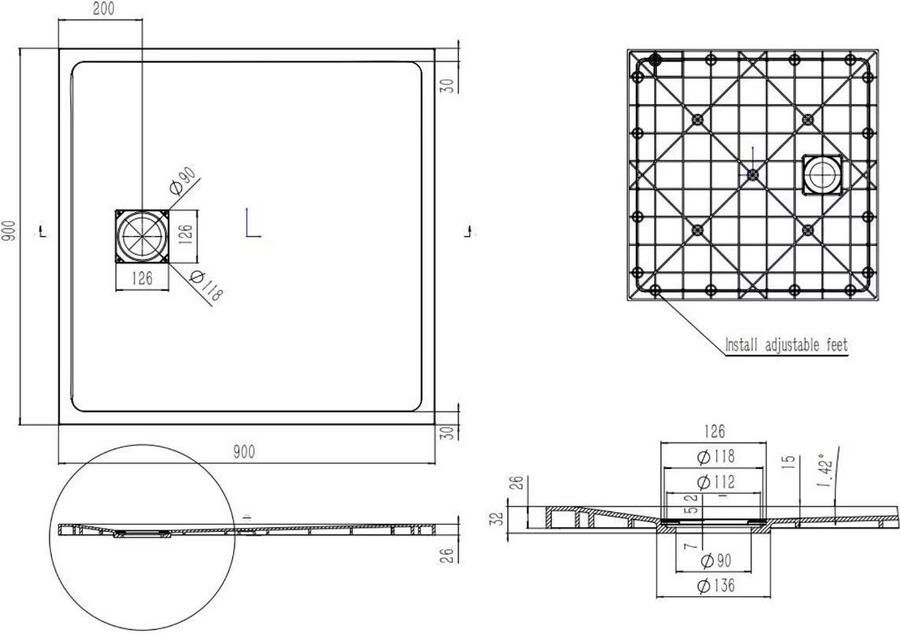 SaniClear Douchebak Naxos | 90x90 cm | SMC | Excl.Afvoer | Vierkant | Wit mat