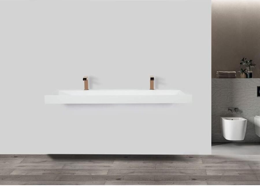 SaniClear Hoya wastafel met 2 kraangaten 140x45.5x8 cm solid surface wit mat - Foto 2