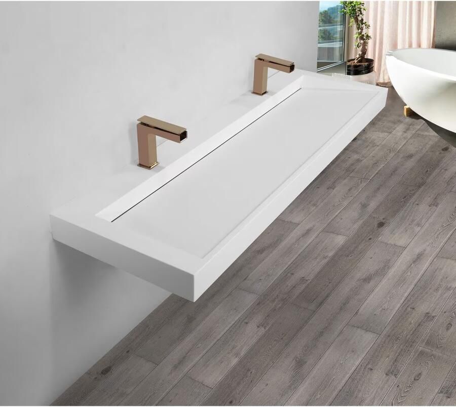 SaniClear Hoya wastafel met 2 kraangaten 160x45.5x11 cm solid surface wit mat