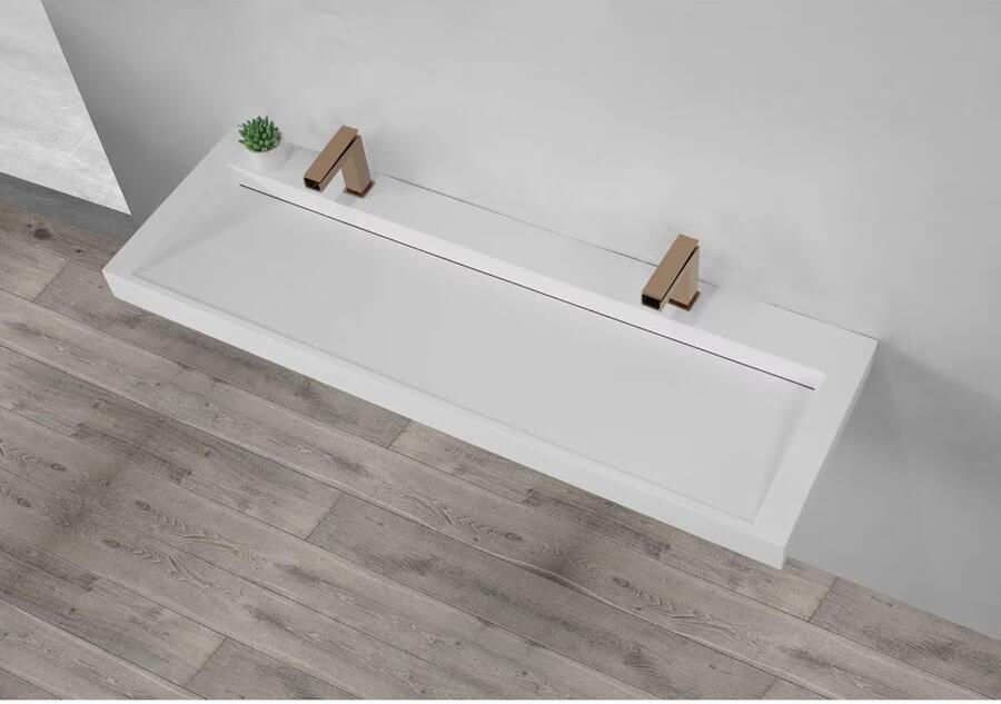 SaniClear Hoya wastafel met 2 kraangaten 160x45.5x11 cm solid surface wit mat - Foto 2