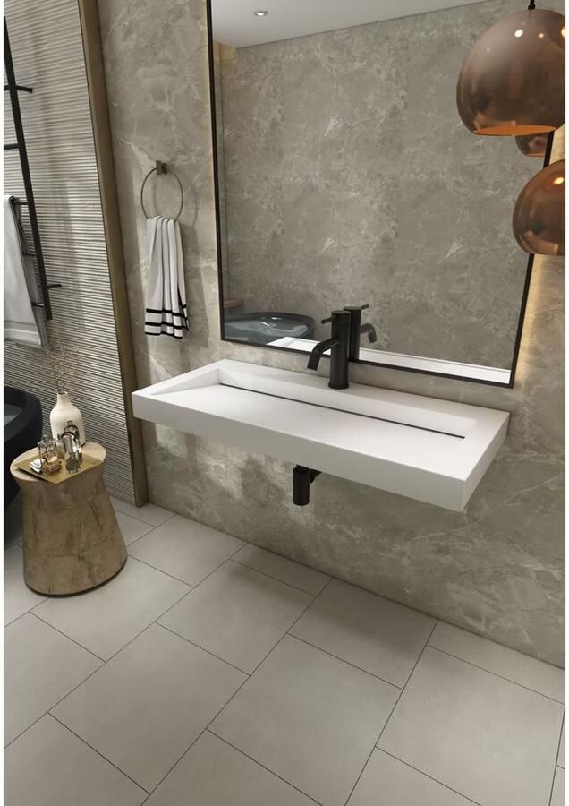 SaniClear Hoya wastafel met kraangat 100x45.5x8 cm solid surface wit mat - Foto 3