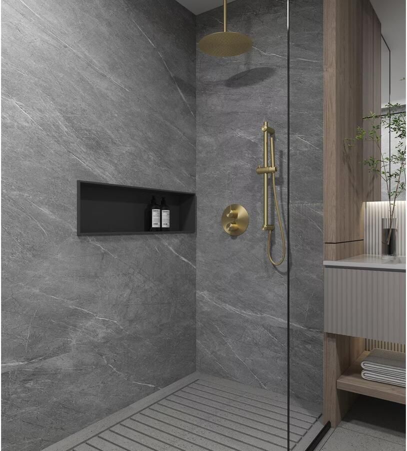 SaniClear Regendouche set Brass | Inbouw | 20 cm | Thermostaatkraan | 2-weg | Rond | Geborsteld Messing mat goud