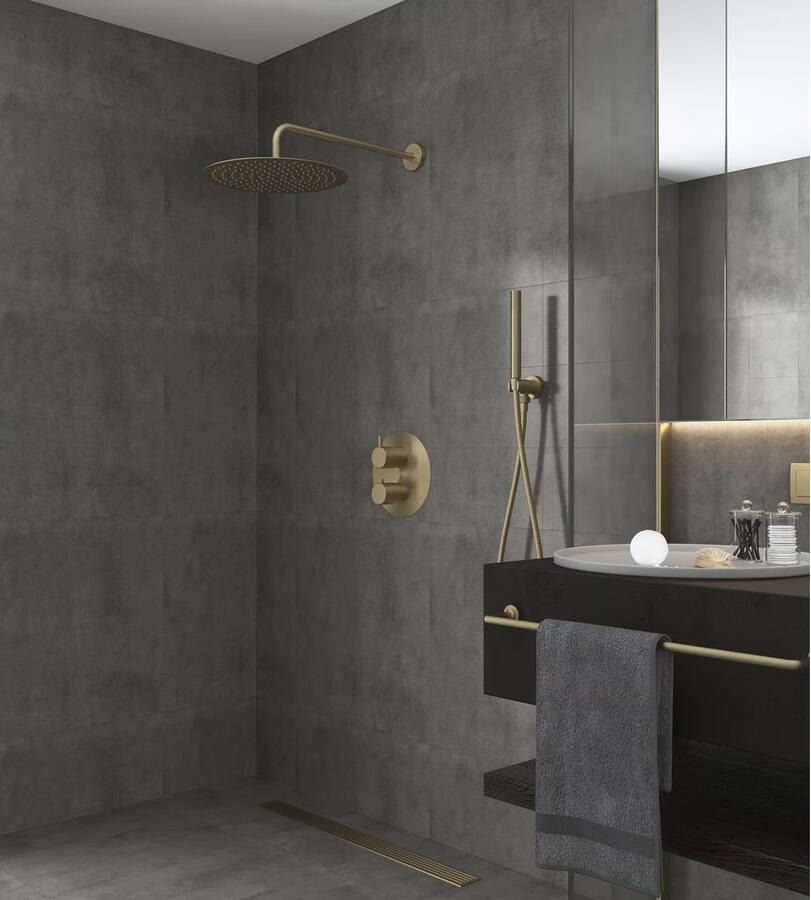 SaniClear Regendouche set Brass | Inbouw | 20 cm | Thermostaatkraan | 2-weg | Rond | Geborsteld Messing mat goud