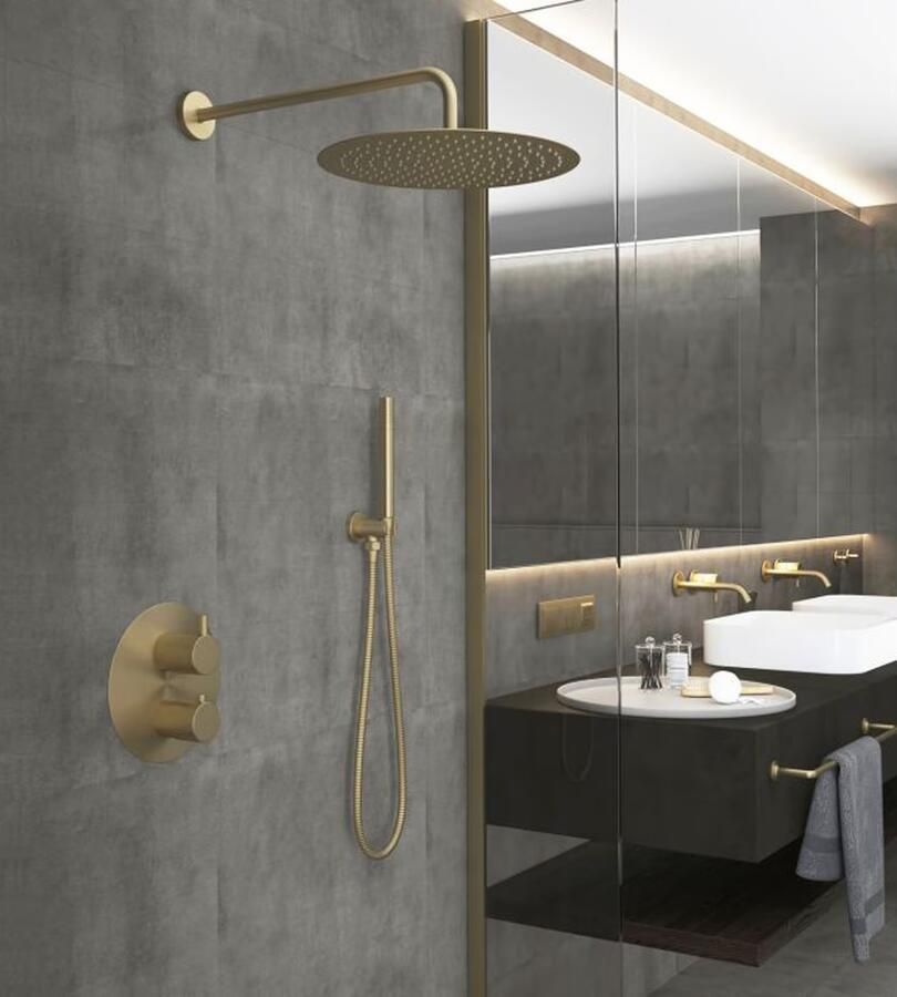 SaniClear Regendouche set Brass | Inbouw | 30 cm | Thermostaatkraan | 2-weg | Rond | Geborsteld Messing mat goud - Foto 2