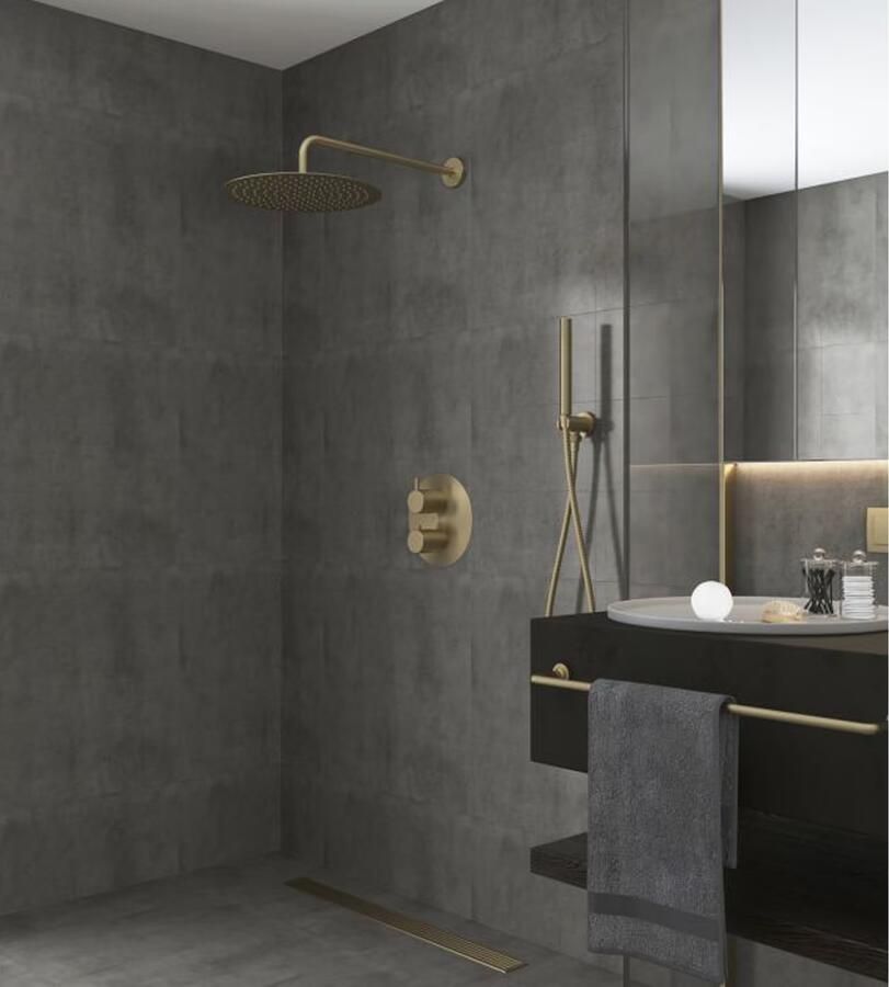 SaniClear Regendouche set Brass | Inbouw | 30 cm | Thermostaatkraan | 2-weg | Rond | Geborsteld Messing mat goud