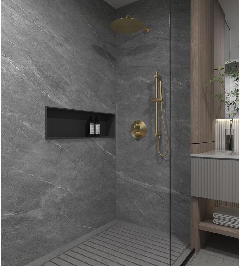 SaniClear Regendouche set Brass | Inbouw | 20 cm | Thermostaatkraan | 2-weg | Rond | Geborsteld Messing mat goud