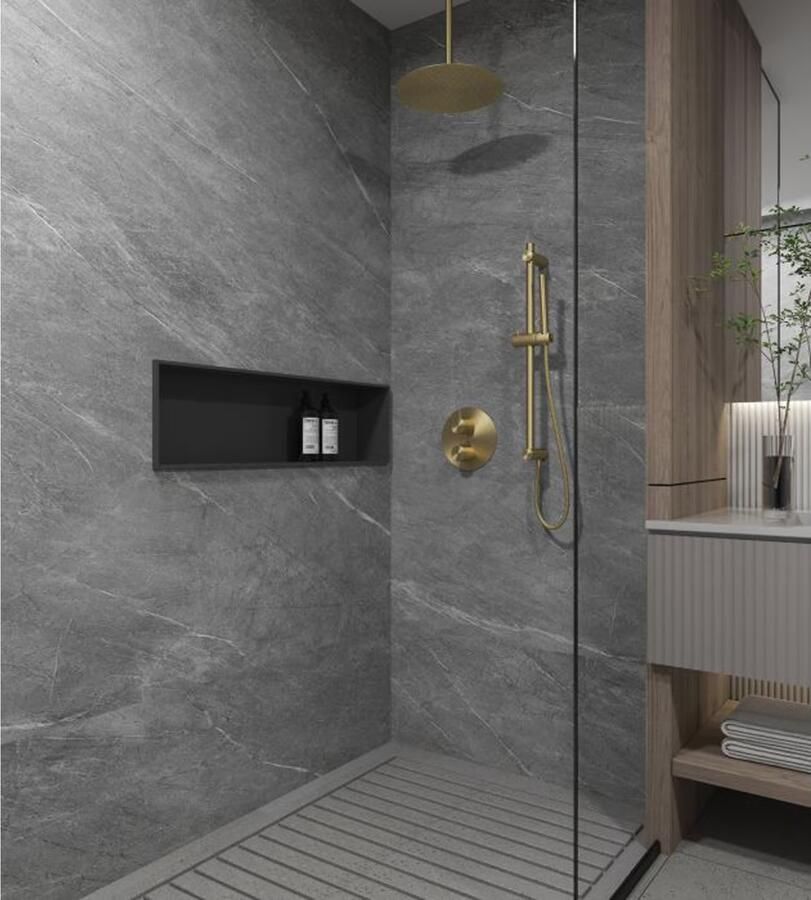 SaniClear Regendouche set Brass | Inbouw | 30 cm | Thermostaatkraan | 2-weg | Rond | Geborsteld Messing mat goud