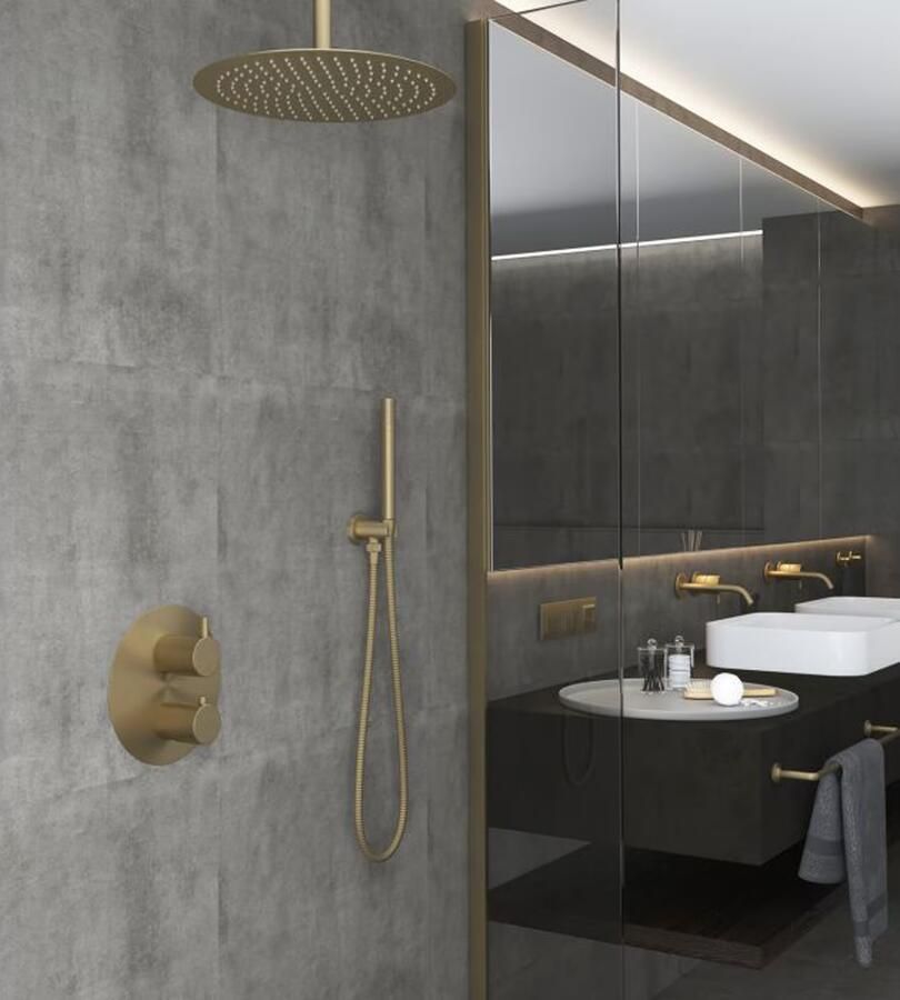 SaniClear Regendouche set Brass | Inbouw | 20 cm | Thermostaatkraan | 2-weg | Rond | Geborsteld Messing mat goud - Foto 2