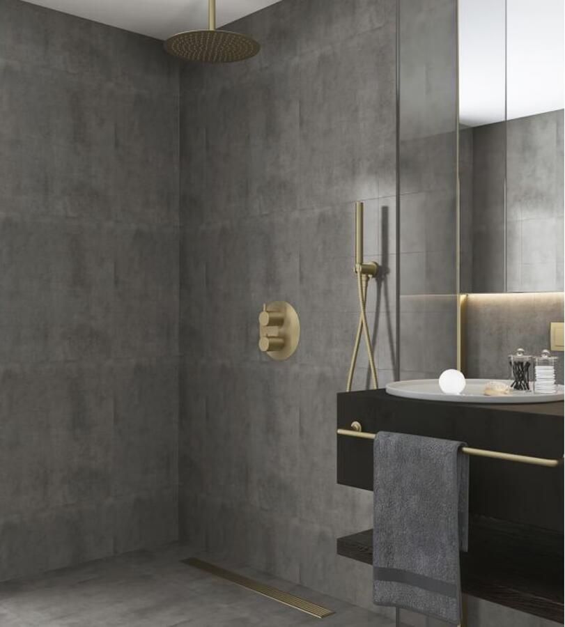 SaniClear Regendouche set Brass | Inbouw | 20 cm | Thermostaatkraan | 2-weg | Rond | Geborsteld Messing mat goud