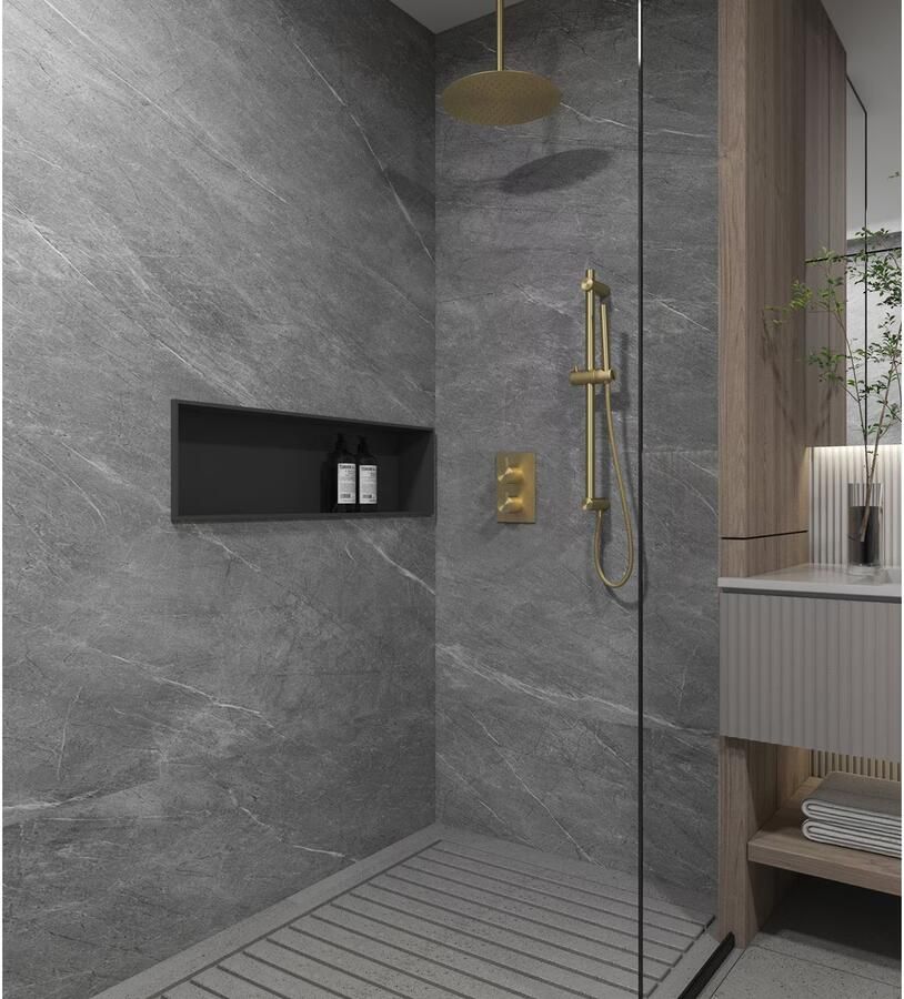 SaniClear Regendouche set Brass | Inbouw | 30 cm | Thermostaatkraan | Incl.Inbouwdeel | 2-weg | Rond | Geborsteld Messing mat goud