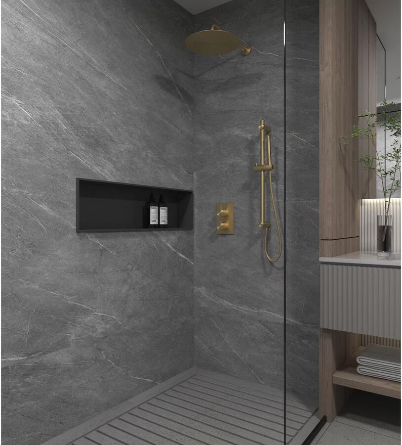 SaniClear Regendouche set Brass | Inbouw | 20 cm | Thermostaatkraan | Rechthoekig | Geborsteld Messing mat goud