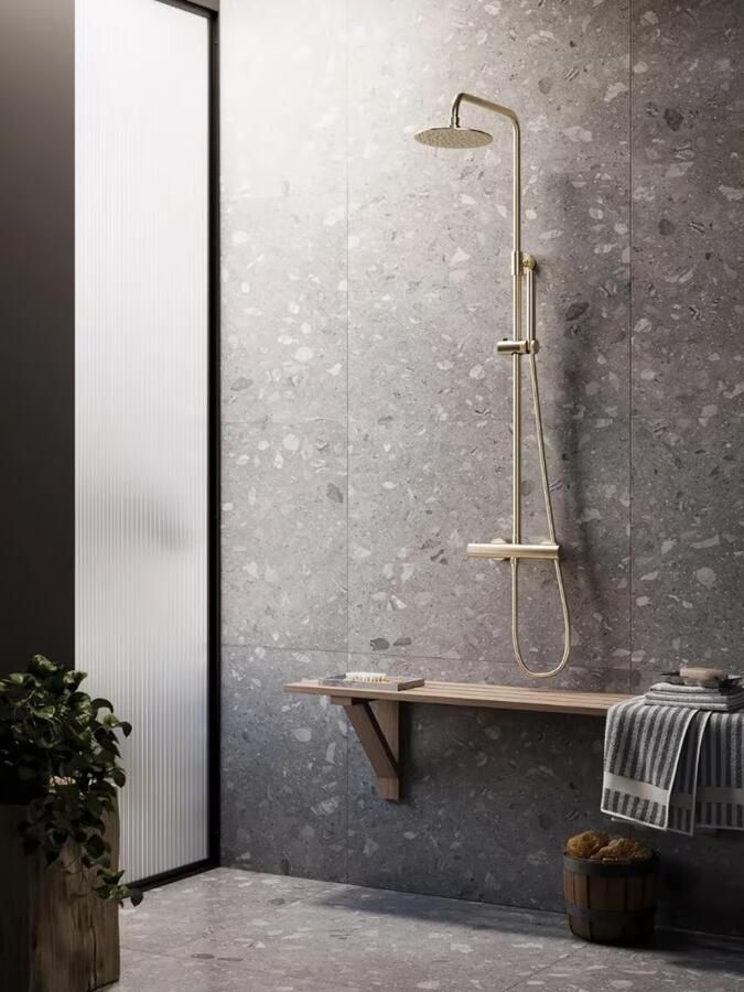 SaniClear Regendouche set Brass | Opbouw | 20 cm | Thermostaatkraan | 2-weg | Rond | Geborsteld messing mat goud