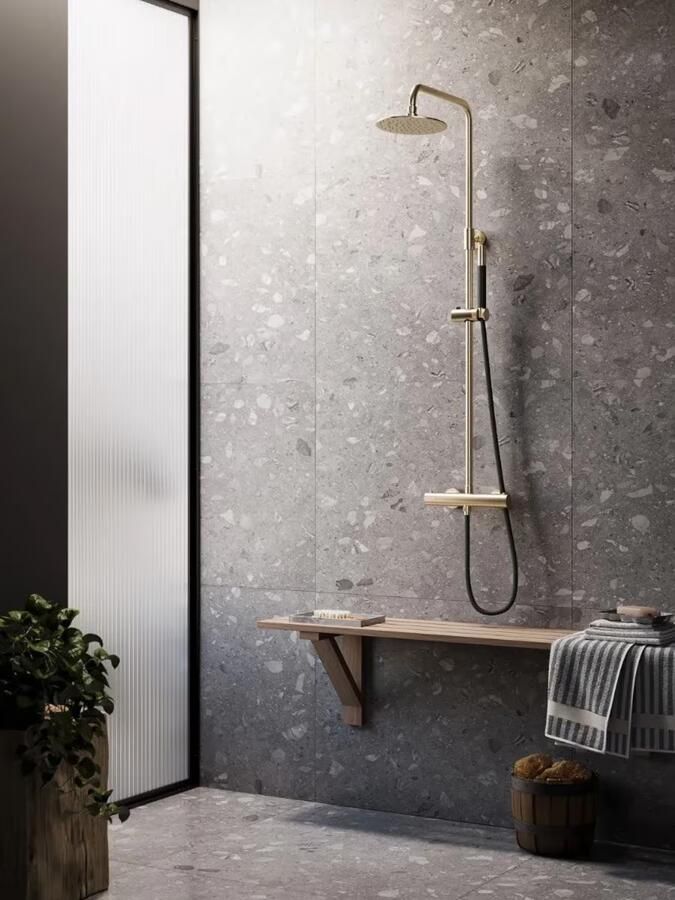 SaniClear Regendouche set Brass Pro | Opbouw | 30 cm | Thermostaatkraan | 2-weg | Rond | Geborsteld messing mat goud - Foto 4