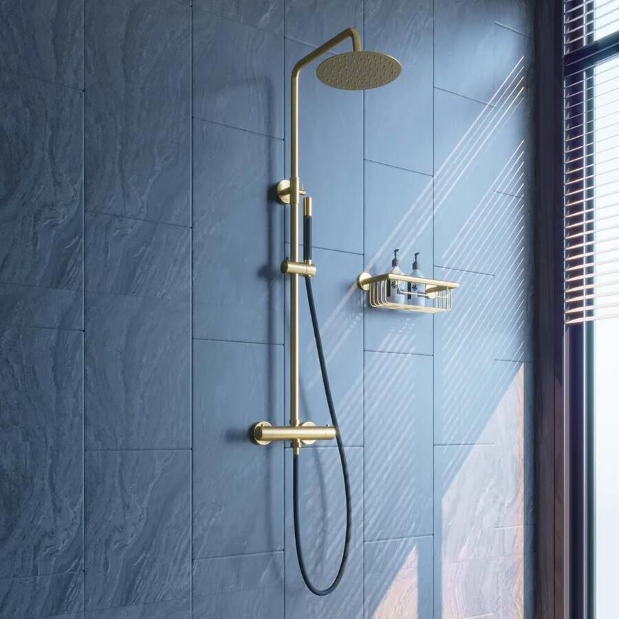 SaniClear Regendouche set Brass Pro | Opbouw | 30 cm | Thermostaatkraan | 2-weg | Rond | Geborsteld messing mat goud - Foto 2