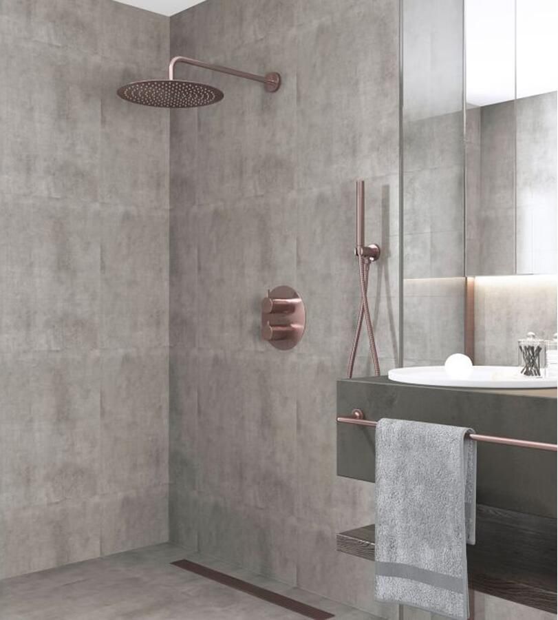 SaniClear Regendouche set Copper | Inbouw | 20 cm | Thermostaatkraan | 2-weg | Rond | Geborsteld koper