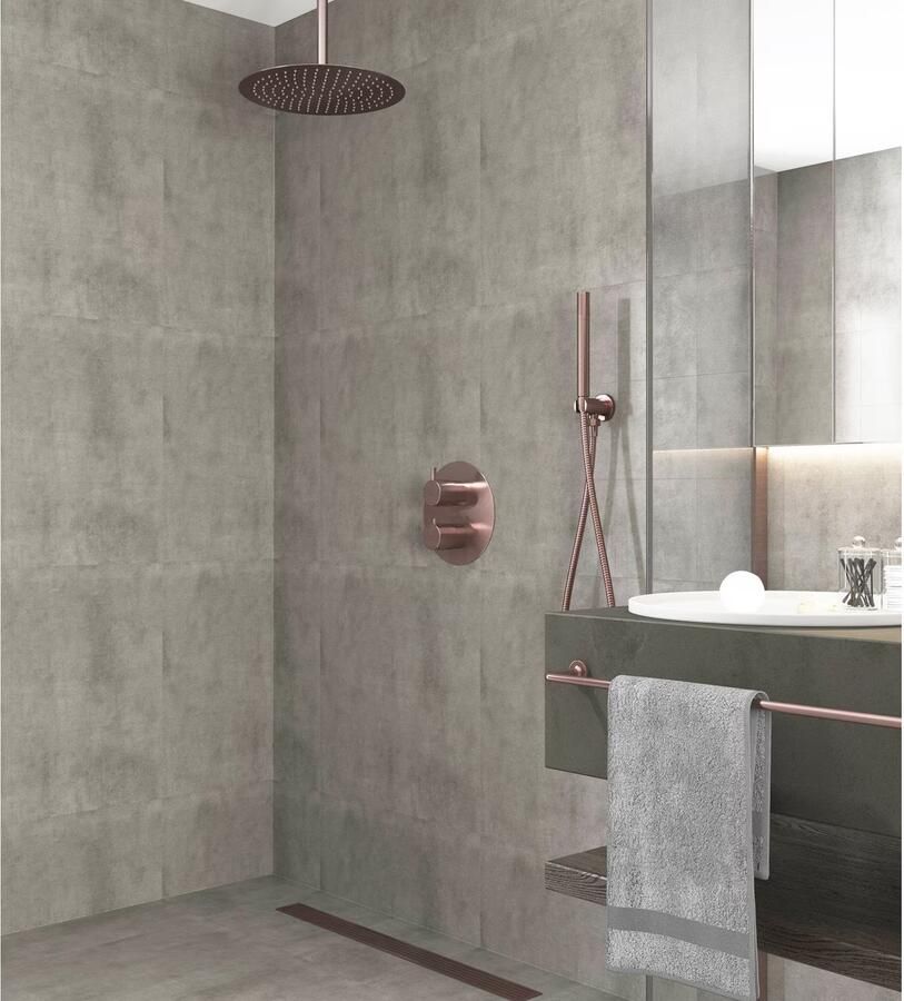 SaniClear Regendouche set Copper | Inbouw | 20 cm | Thermostaatkraan | 2-weg | Rond | Geborsteld koper