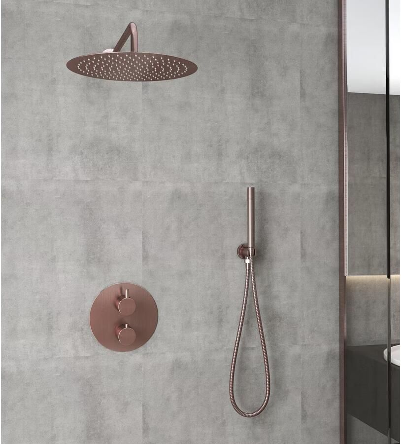SaniClear Regendouche set Copper | Inbouw | 30 cm | Thermostaatkraan | 2-weg | Rond | Geborsteld koper