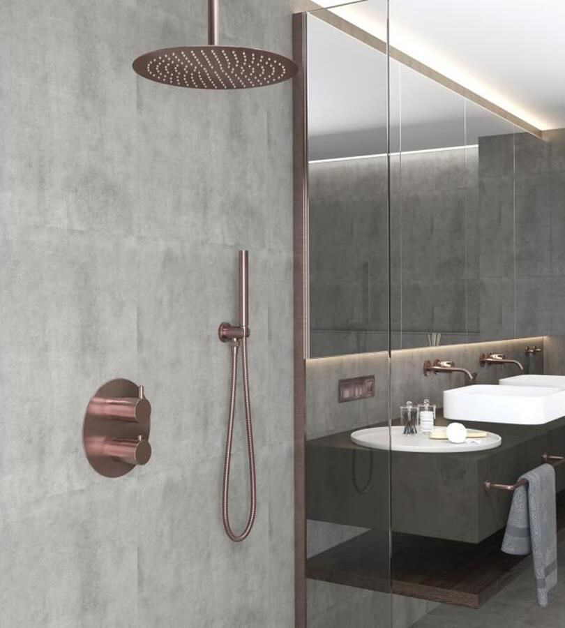 SaniClear Regendouche set Copper | Inbouw | 30 cm | Thermostaatkraan | 2-weg | Rond | Geborsteld koper