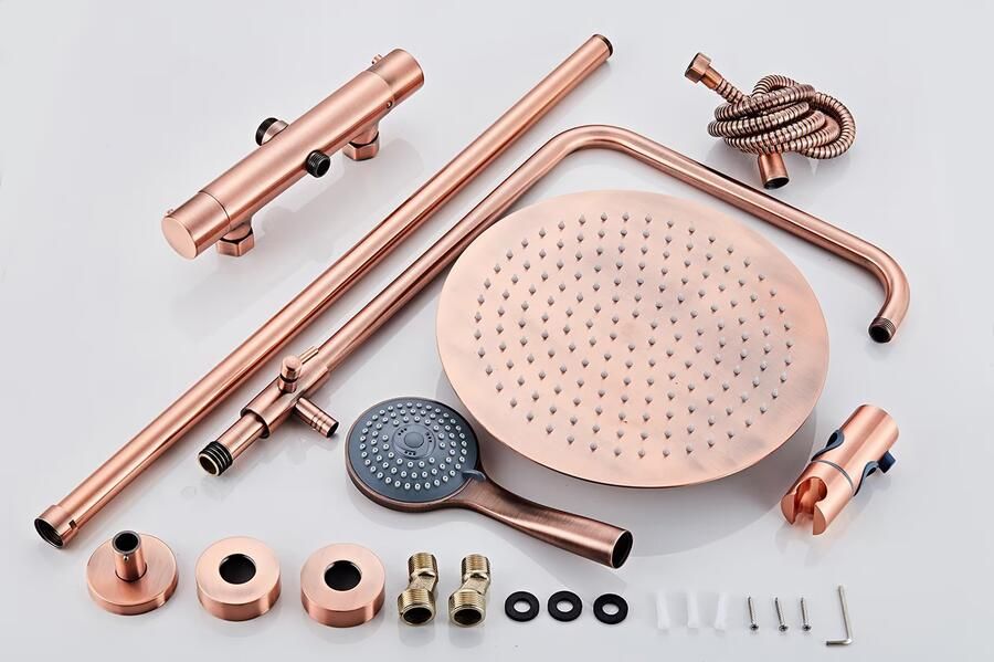 SaniClear Regendouche set Copper | Opbouw | Thermostaatkraan | 2-weg | Rond | Geborsteld koper