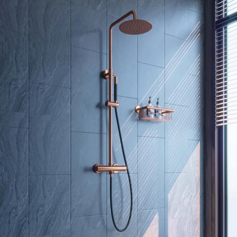 SaniClear Regendouche set Copper Pro | Opbouw | 20 cm | Thermostaatkraan | 2-weg | Rond | Koper geborsteld Zwart