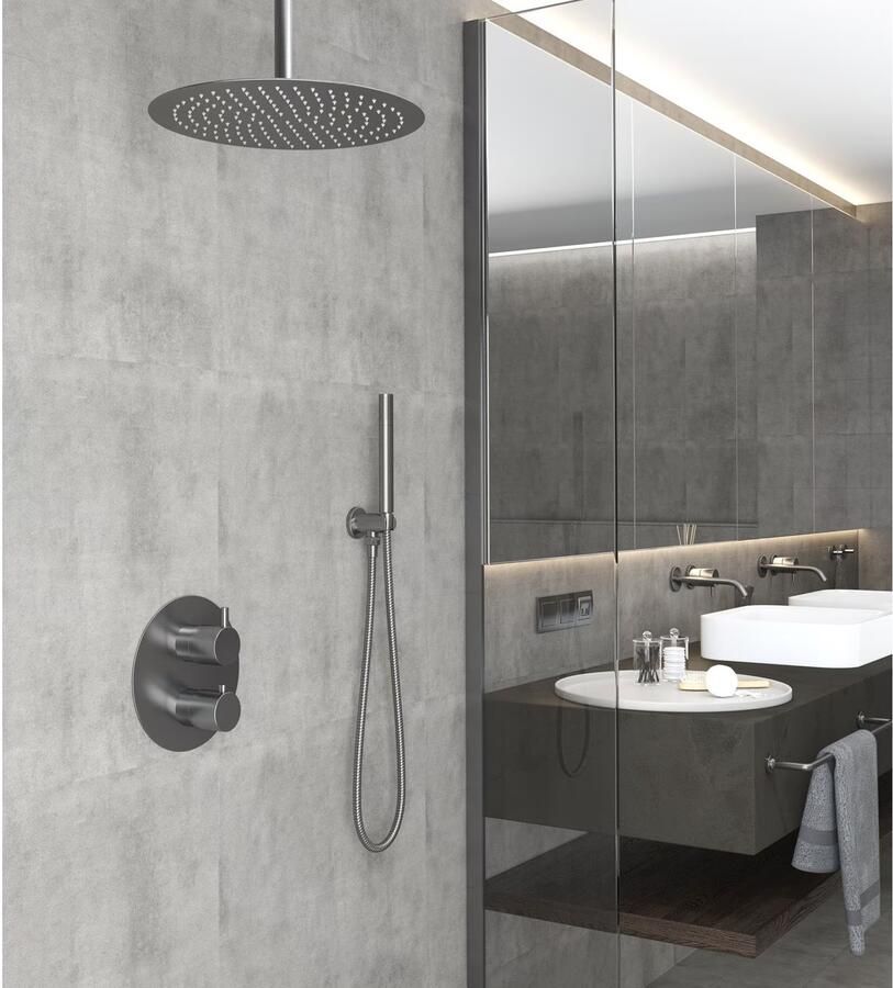 SaniClear Regendouche set Iron | Inbouw | 20 cm | Thermostaatkraan | 2-weg | Rond | Verouderd ijzer Gunmetal - Foto 2