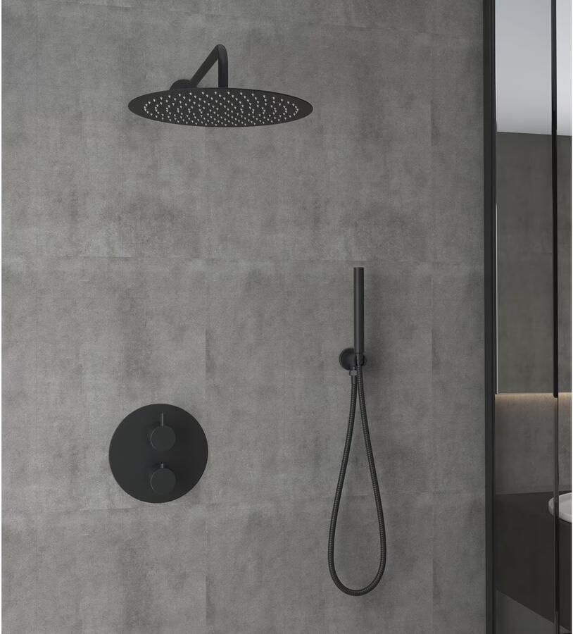 SaniClear Regendouche set Nero | Inbouw | 20 cm | Thermostaatkraan | 2-weg | Rond | Mat zwart