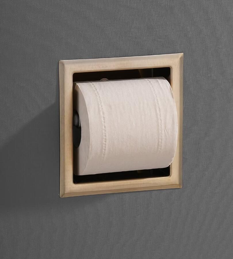 SaniClear Toilerolhouder Brass | Inbouw | Zonder klep | Messing | Vierkant | Geborsteld messing Mat goud - Foto 2