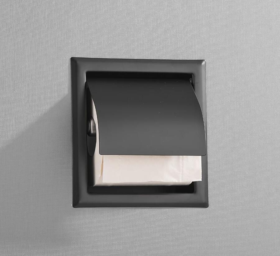 SaniClear Toiletrolhouder Nero | Inbouw | Met klep | Messing | Vierkant | Mat zwart - Foto 2