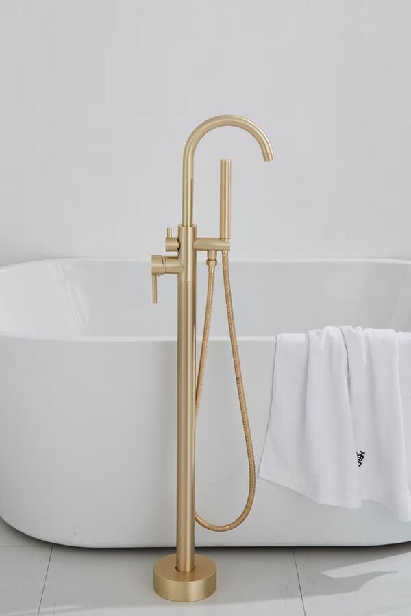 SaniClear Vrijstaande badkraan Brass | Hoogte uitloop 100 cm | Draaibare uitloop | Mengkraan | Rond | Goud - Foto 3