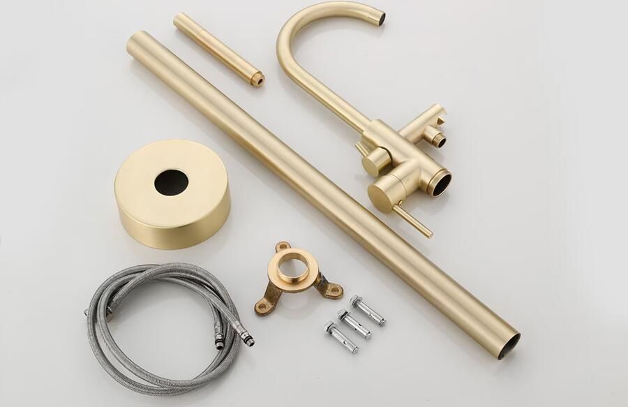 SaniClear Vrijstaande badkraan Brass | Hoogte uitloop 100 cm | Draaibare uitloop | Mengkraan | Rond | Goud - Foto 2