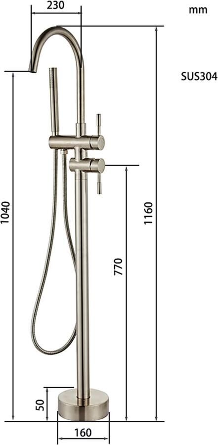 SaniClear Vrijstaande badkraan Inox | Hoogte uitloop 100 cm | Draaibare uitloop | Mengkraan | Rond | RVS look