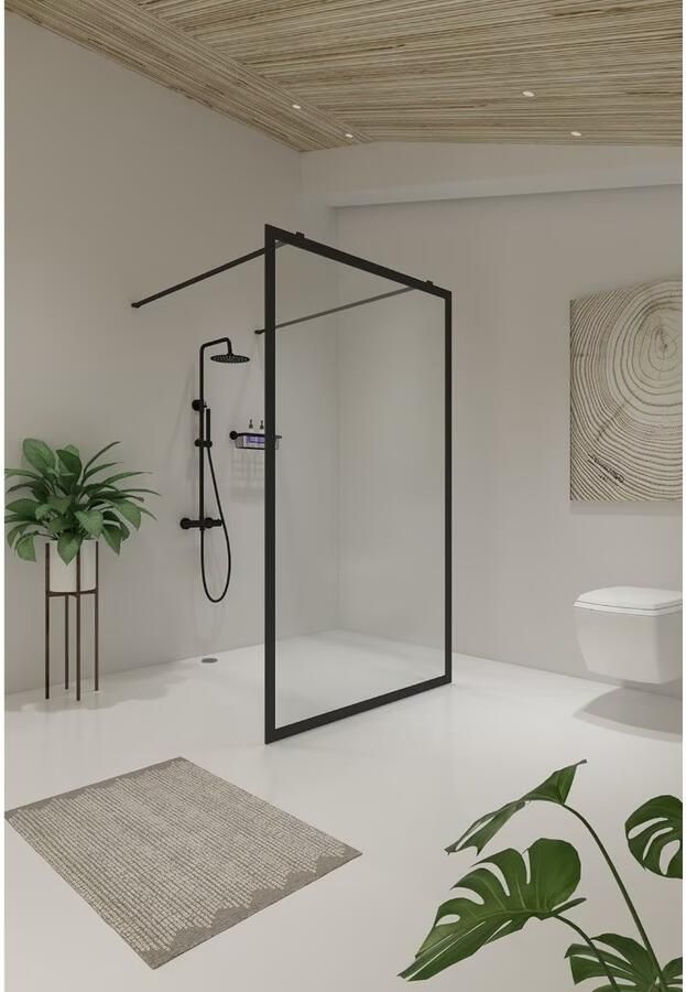 SaniClear Vrijstaande douchewand Block | 100x200 cm | Helder glas | Zwart mat beslag