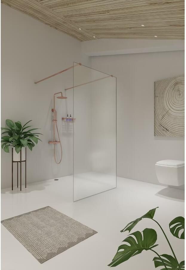 SaniClear Vrijstaande douchewand Redro | 100x200 cm | Helder glas | Geborsteld koper beslag
